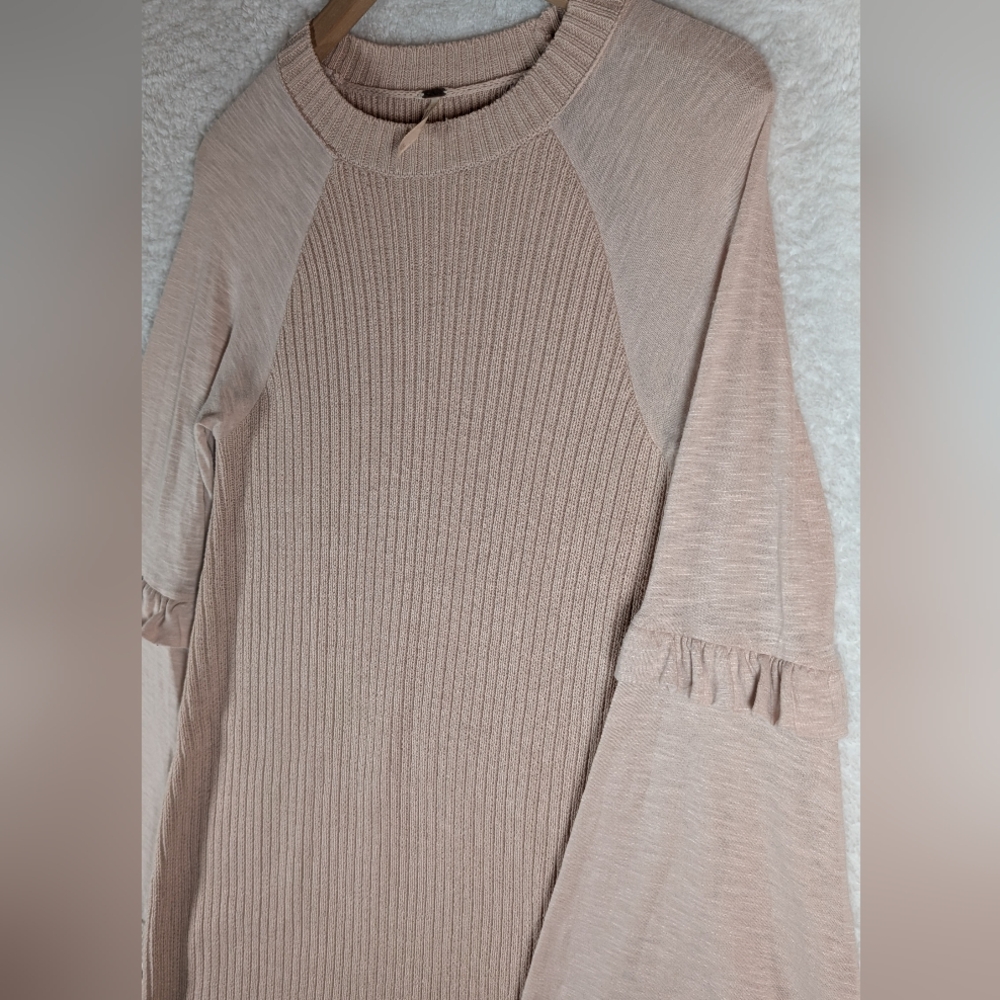 Free People Blush Pink Ribbed Bell-Sleeve Crewneck Sweater Dress - Picture 4 of 7